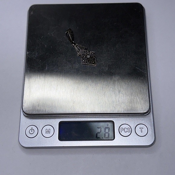 Sterling Silver Marcasite MO 925 Dangle Charm Pendant Signed Diamond Shape - Picture 8 of 9